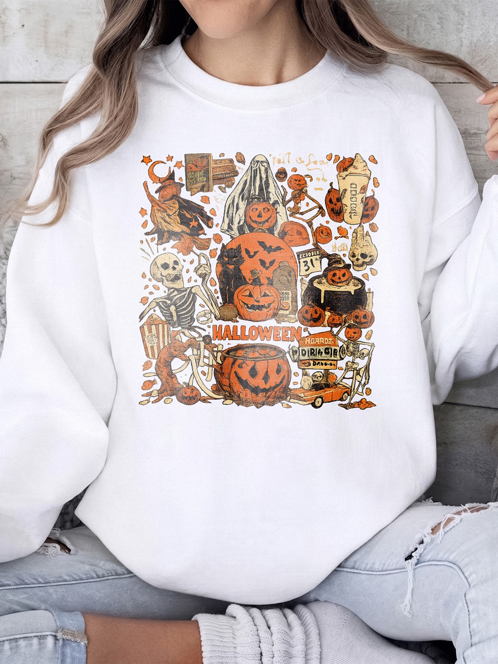 Vintage Halloween Graphic Tee Spooky October 31 Horror T-Shirt Retro Pumpkin Skeleton Shirt
