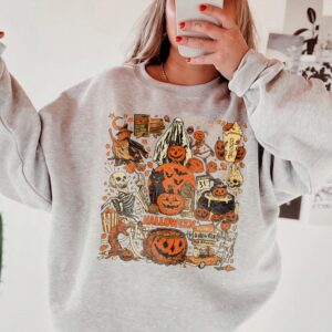 Vintage Halloween Graphic Tee Spooky October 31 Horror T-Shirt Retro Pumpkin Skeleton Shirt