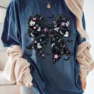Boo T Shirt Cute Spooky Coquette Bow Women's Fall Ghost And Bat Halloween Graphic Tee