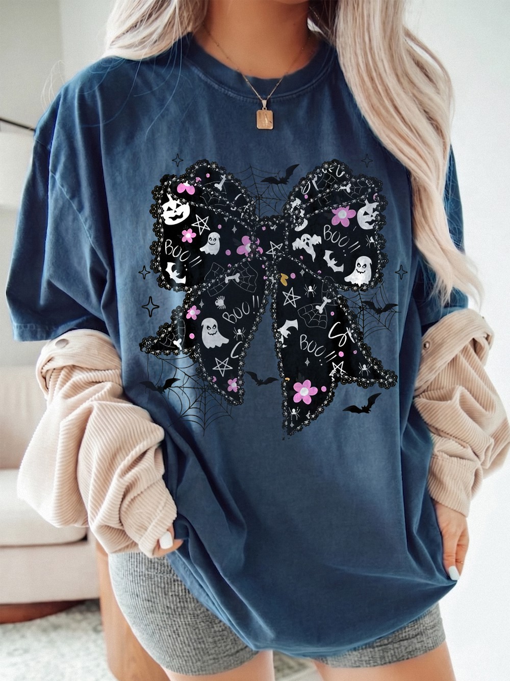 Boo T Shirt Cute Spooky Coquette Bow Women's Fall Ghost And Bat Halloween Graphic Tee