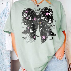 Boo T Shirt Cute Spooky Coquette Bow Women's Fall Ghost And Bat Halloween Graphic Tee