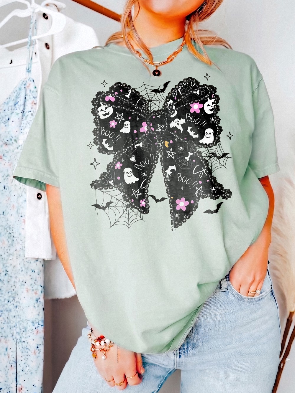 Boo T Shirt Cute Spooky Coquette Bow Women's Fall Ghost And Bat Halloween Graphic Tee