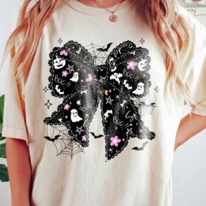 Boo T Shirt Cute Spooky Coquette Bow Women's Fall Ghost And Bat Halloween Graphic Tee