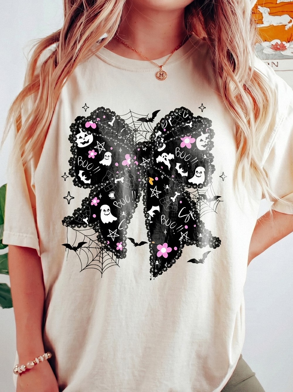 Boo T Shirt Cute Spooky Coquette Bow Women's Fall Ghost And Bat Halloween Graphic Tee