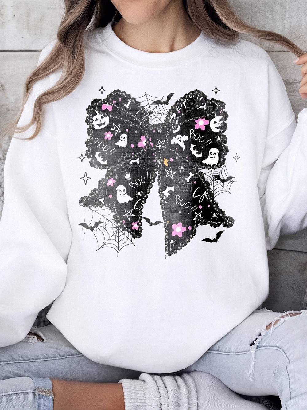 Boo T Shirt Cute Spooky Coquette Bow Women's Fall Ghost And Bat Halloween Graphic Tee