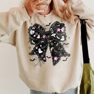 Boo T Shirt Cute Spooky Coquette Bow Women's Fall Ghost And Bat Halloween Graphic Tee