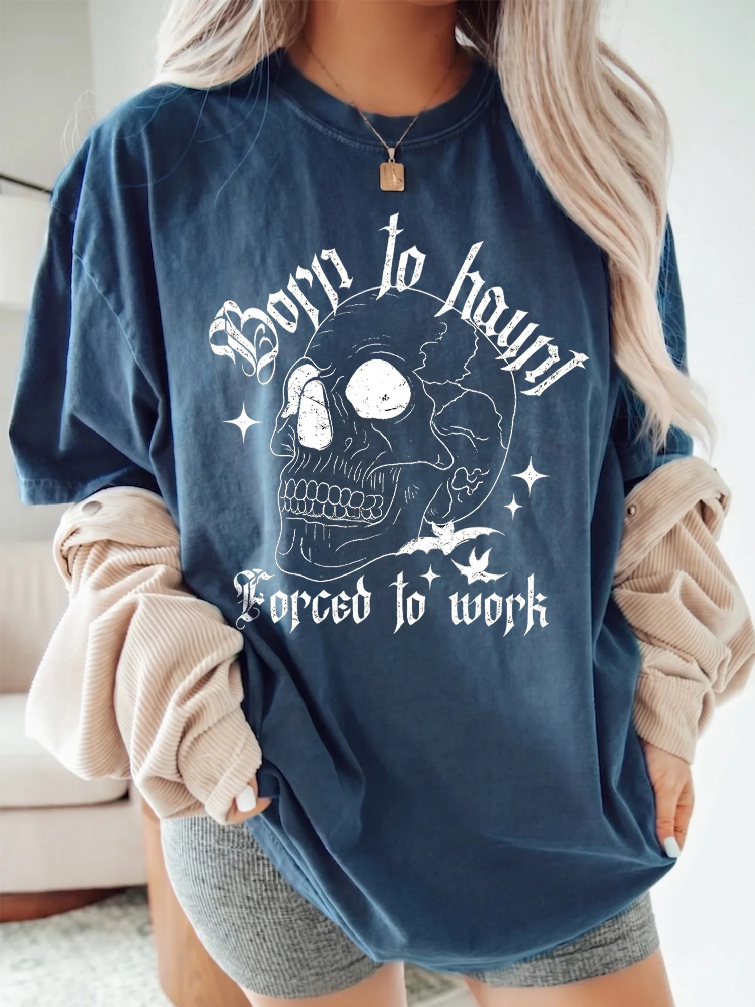 Born to Haunt Forced to Work Sarcastic Office Humor T-Shirt Spooky Graphic Tee