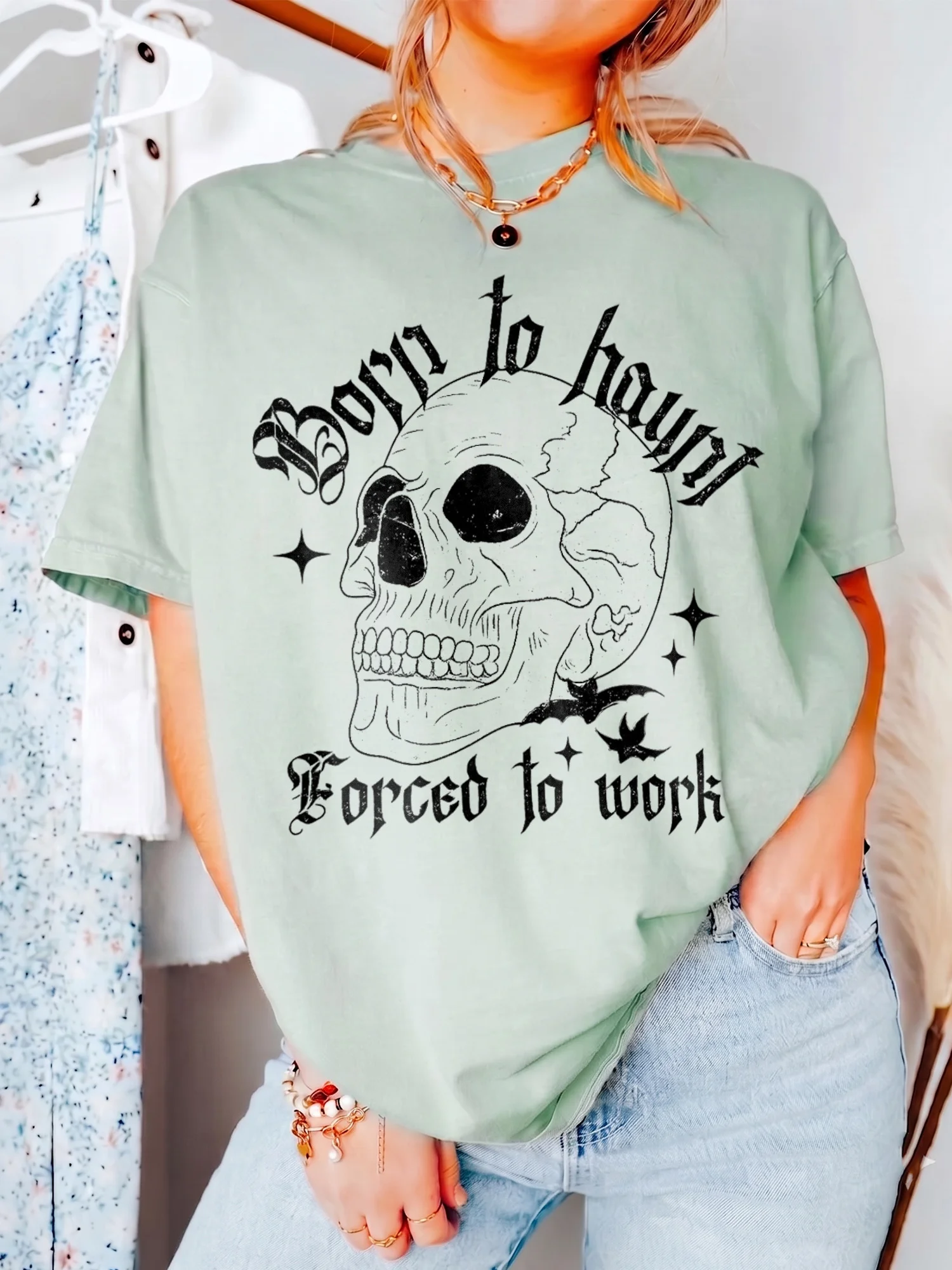 Born to Haunt Forced to Work Sarcastic Office Humor T-Shirt Spooky Graphic Tee