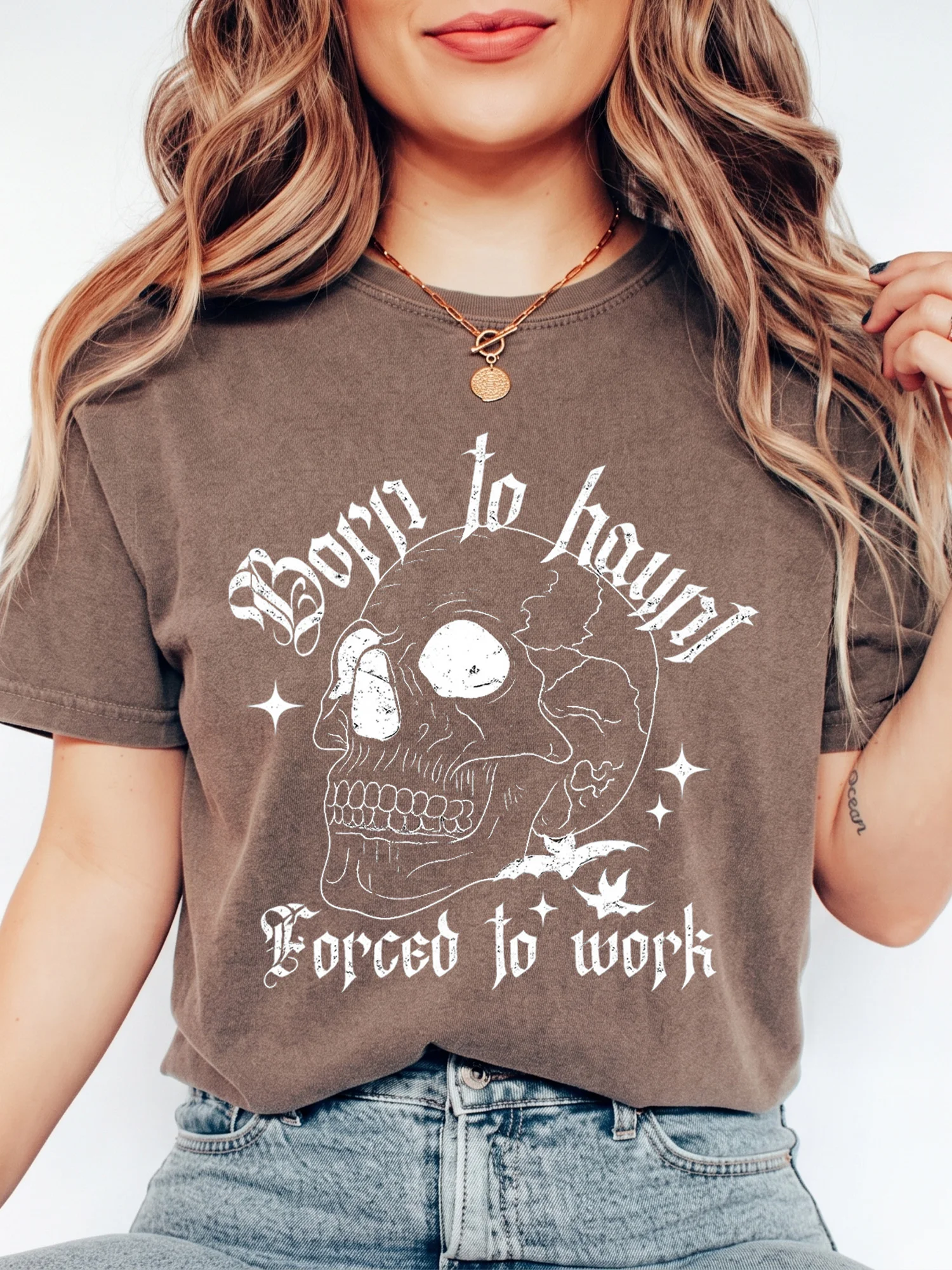 Born to Haunt Forced to Work Sarcastic Office Humor T-Shirt Spooky Graphic Tee