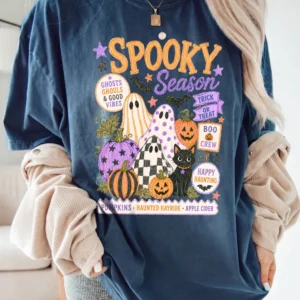 Spooky Season T-Shirt Cute Halloween Ghost Graphic Tee For Women Boo Crew And Trick Or Treat Shirt
