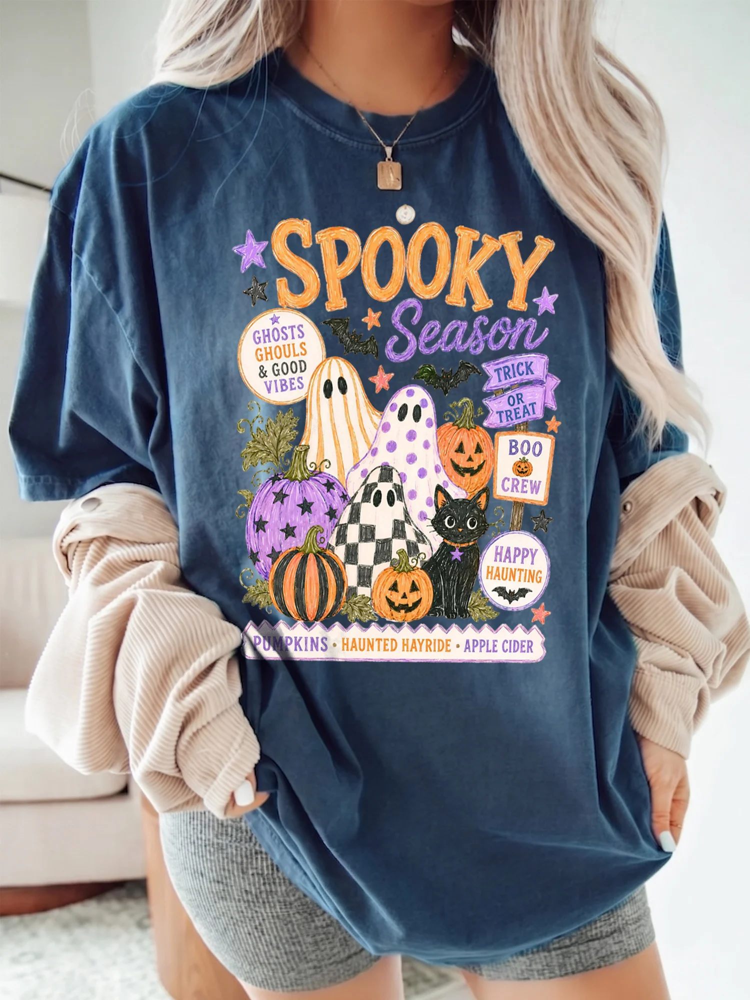 Spooky Season T-Shirt Cute Halloween Ghost Graphic Tee For Women Boo Crew And Trick Or Treat Shirt
