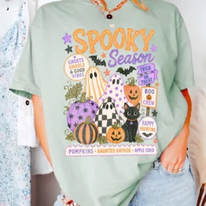Spooky Season T-Shirt Cute Halloween Ghost Graphic Tee For Women Boo Crew And Trick Or Treat Shirt