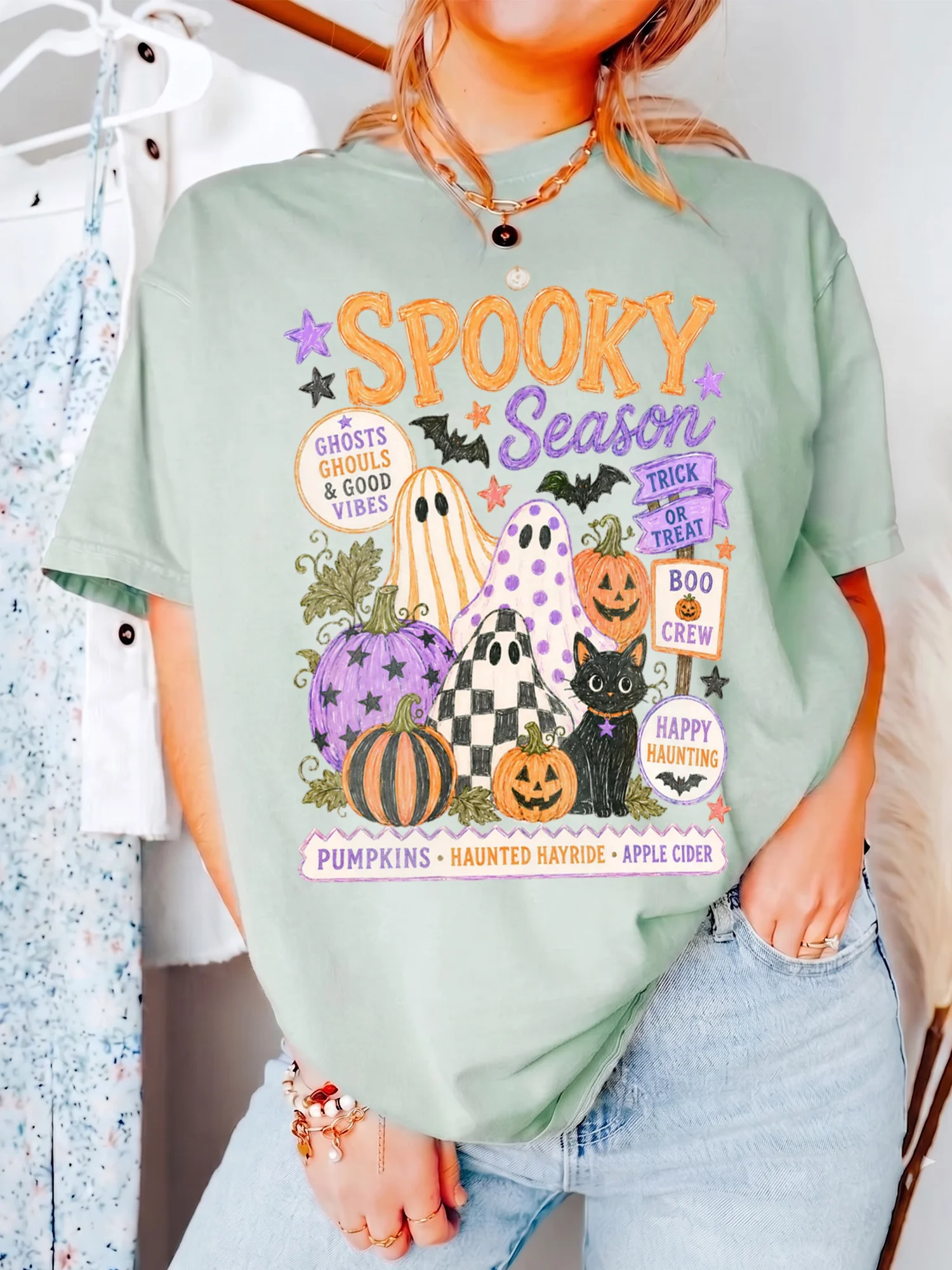 Spooky Season T-Shirt Cute Halloween Ghost Graphic Tee For Women Boo Crew And Trick Or Treat Shirt