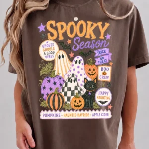 Spooky Season T-Shirt Cute Halloween Ghost Graphic Tee For Women Boo Crew And Trick Or Treat Shirt