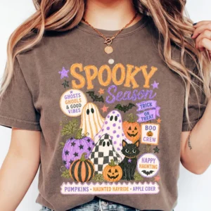 Spooky Season T-Shirt Cute Halloween Ghost Graphic Tee For Women Boo Crew And Trick Or Treat Shirt
