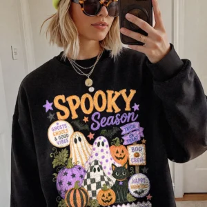 Spooky Season T-Shirt Cute Halloween Ghost Graphic Tee For Women Boo Crew And Trick Or Treat Shirt