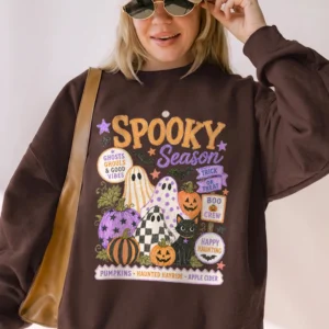 Spooky Season T-Shirt Cute Halloween Ghost Graphic Tee For Women Boo Crew And Trick Or Treat Shirt