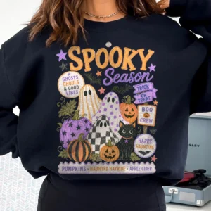 Spooky Season T-Shirt Cute Halloween Ghost Graphic Tee For Women Boo Crew And Trick Or Treat Shirt