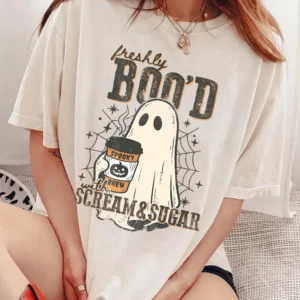 Cute Ghost Coffee Halloween T-Shirt Freshly Boo'd Spooky Brew Graphic Tee Fall Season Apparel for Coffee Lovers