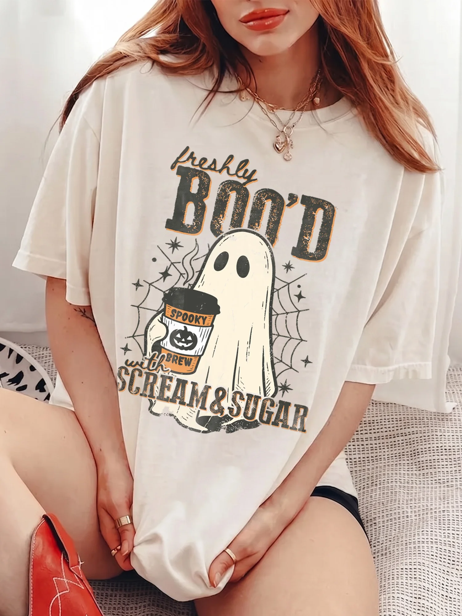 Cute Ghost Coffee Halloween T-Shirt Freshly Boo'd Spooky Brew Graphic Tee Fall Season Apparel for Coffee Lovers