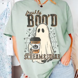 Cute Ghost Coffee Halloween T-Shirt Freshly Boo'd Spooky Brew Graphic Tee Fall Season Apparel for Coffee Lovers