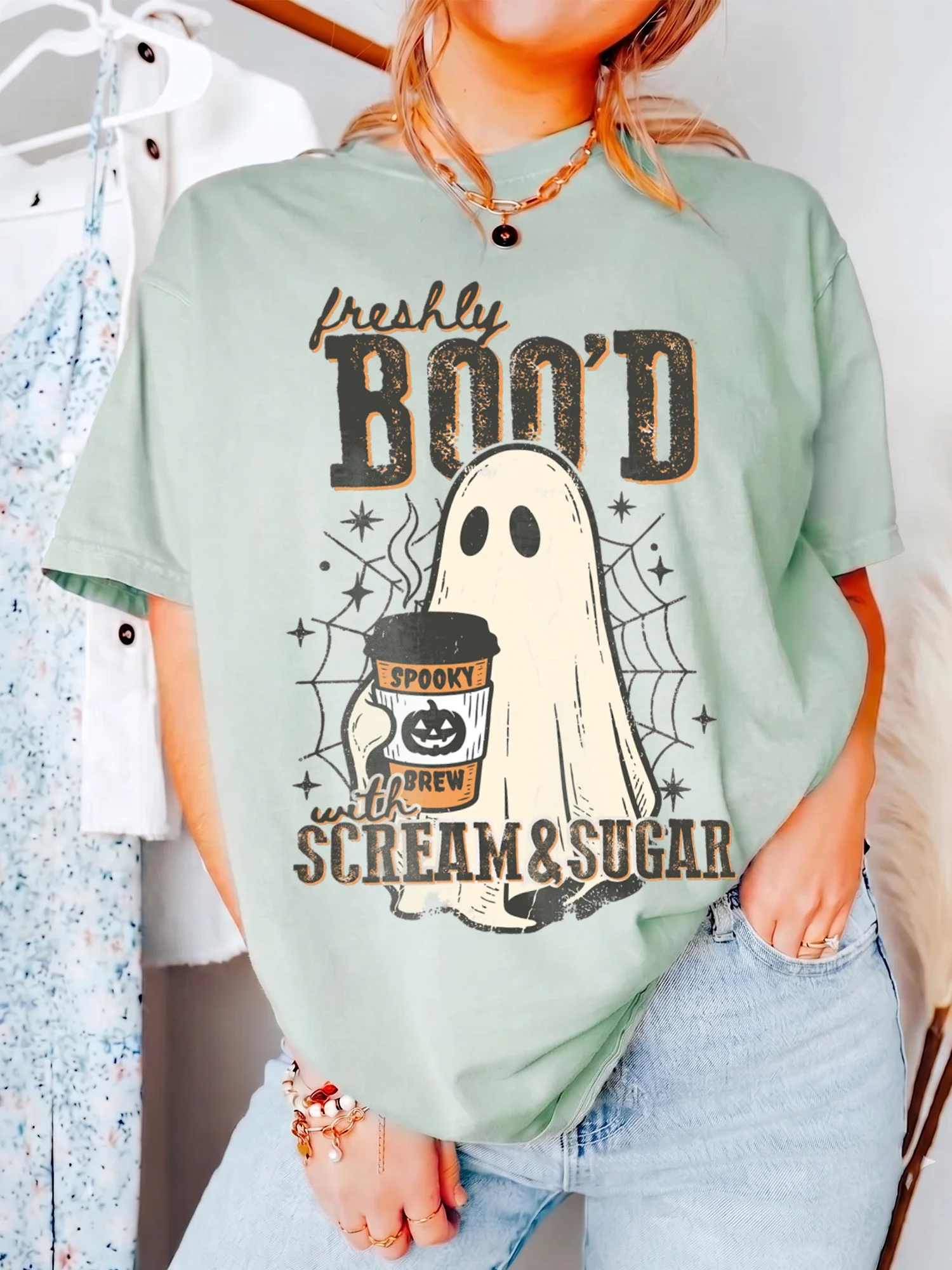 Cute Ghost Coffee Halloween T-Shirt Freshly Boo'd Spooky Brew Graphic Tee Fall Season Apparel for Coffee Lovers