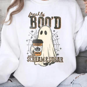 Cute Ghost Coffee Halloween T-Shirt Freshly Boo'd Spooky Brew Graphic Tee Fall Season Apparel for Coffee Lovers