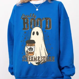 Cute Ghost Coffee Halloween T-Shirt Freshly Boo'd Spooky Brew Graphic Tee Fall Season Apparel for Coffee Lovers
