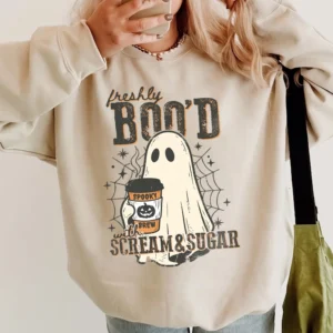 Cute Ghost Coffee Halloween T-Shirt Freshly Boo'd Spooky Brew Graphic Tee Fall Season Apparel for Coffee Lovers
