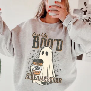 Cute Ghost Coffee Halloween T-Shirt Freshly Boo'd Spooky Brew Graphic Tee Fall Season Apparel for Coffee Lovers