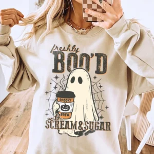 Cute Ghost Coffee Halloween T-Shirt Freshly Boo'd Spooky Brew Graphic Tee Fall Season Apparel for Coffee Lovers