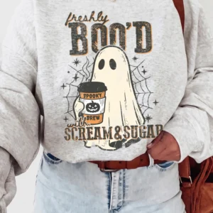 Cute Ghost Coffee Halloween T-Shirt Freshly Boo'd Spooky Brew Graphic Tee Fall Season Apparel for Coffee Lovers