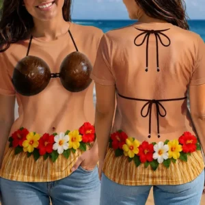 Funny Hula Dancer Illusion Tee Coconut Bra Bikini Top Grass Skirt Hawaiian Luau Beach Party T-Shirt
