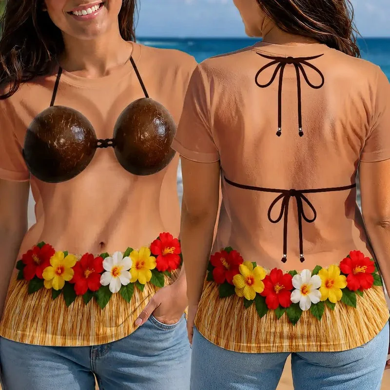 Funny Hula Dancer Illusion Tee Coconut Bra Bikini Top Grass Skirt Hawaiian Luau Beach Party T-Shirt