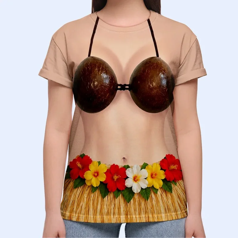 Funny Hula Dancer Illusion Tee Coconut Bra Bikini Top Grass Skirt Hawaiian Luau Beach Party T-Shirt