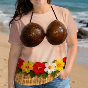 Funny Hula Dancer Illusion Tee Coconut Bra Bikini Top Grass Skirt Hawaiian Luau Beach Party T-Shirt