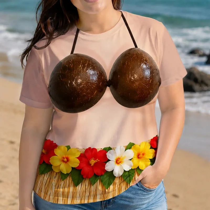 Funny Hula Dancer Illusion Tee Coconut Bra Bikini Top Grass Skirt Hawaiian Luau Beach Party T-Shirt