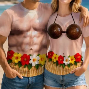Funny Hula Dancer Illusion Tee Coconut Bra Bikini Top Grass Skirt Hawaiian Luau Beach Party T-Shirt