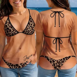 Personalized Leopard Print Bikini Illusion Naked Body Tee Funny Fake Swimsuit Beach T-Shirt Gag Gift