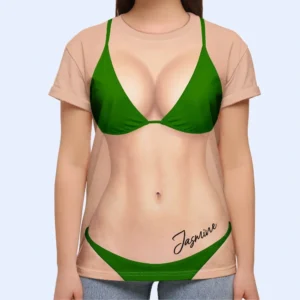 Personalized Leopard Print Bikini Illusion Naked Body Tee Funny Fake Swimsuit Beach T-Shirt Gag Gift