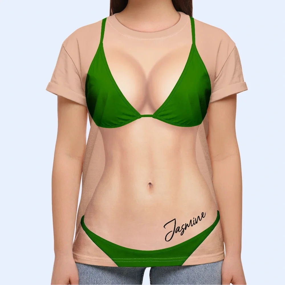 Personalized Leopard Print Bikini Illusion Naked Body Tee Funny Fake Swimsuit Beach T-Shirt Gag Gift