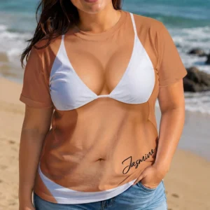 Personalized Leopard Print Bikini Illusion Naked Body Tee Funny Fake Swimsuit Beach T-Shirt Gag Gift
