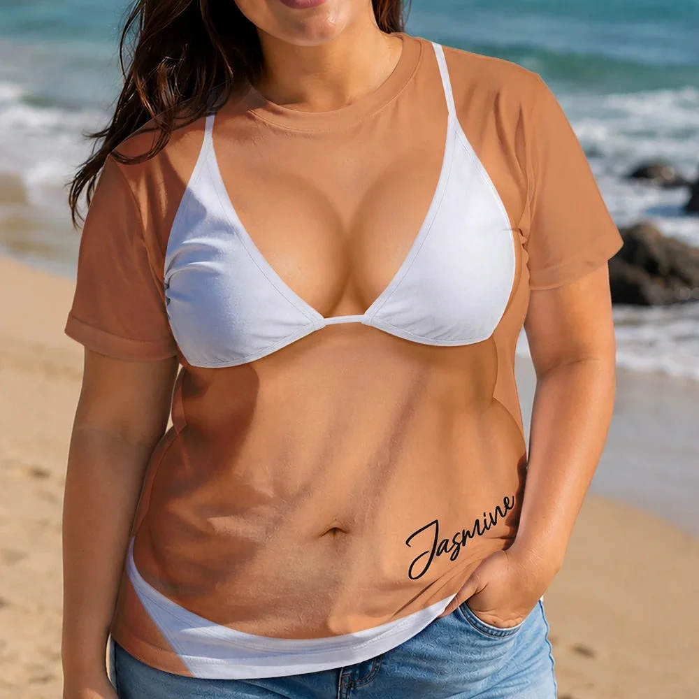 Personalized Leopard Print Bikini Illusion Naked Body Tee Funny Fake Swimsuit Beach T-Shirt Gag Gift