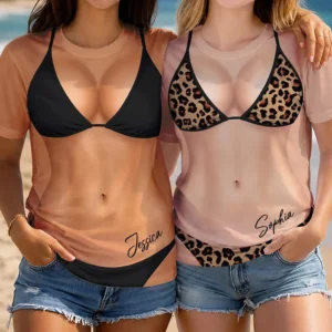 Personalized Leopard Print Bikini Illusion Naked Body Tee Funny Fake Swimsuit Beach T-Shirt Gag Gift