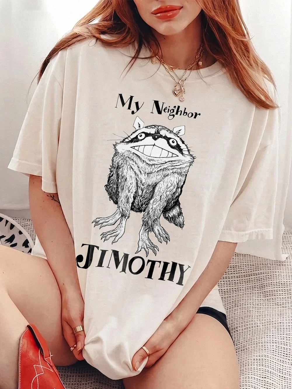 My Neighbor Jimothy Raccoon Meme Graphic Tee Funny Totoro Parody Anime Shirt Creepy Cute Animal T-Shirt