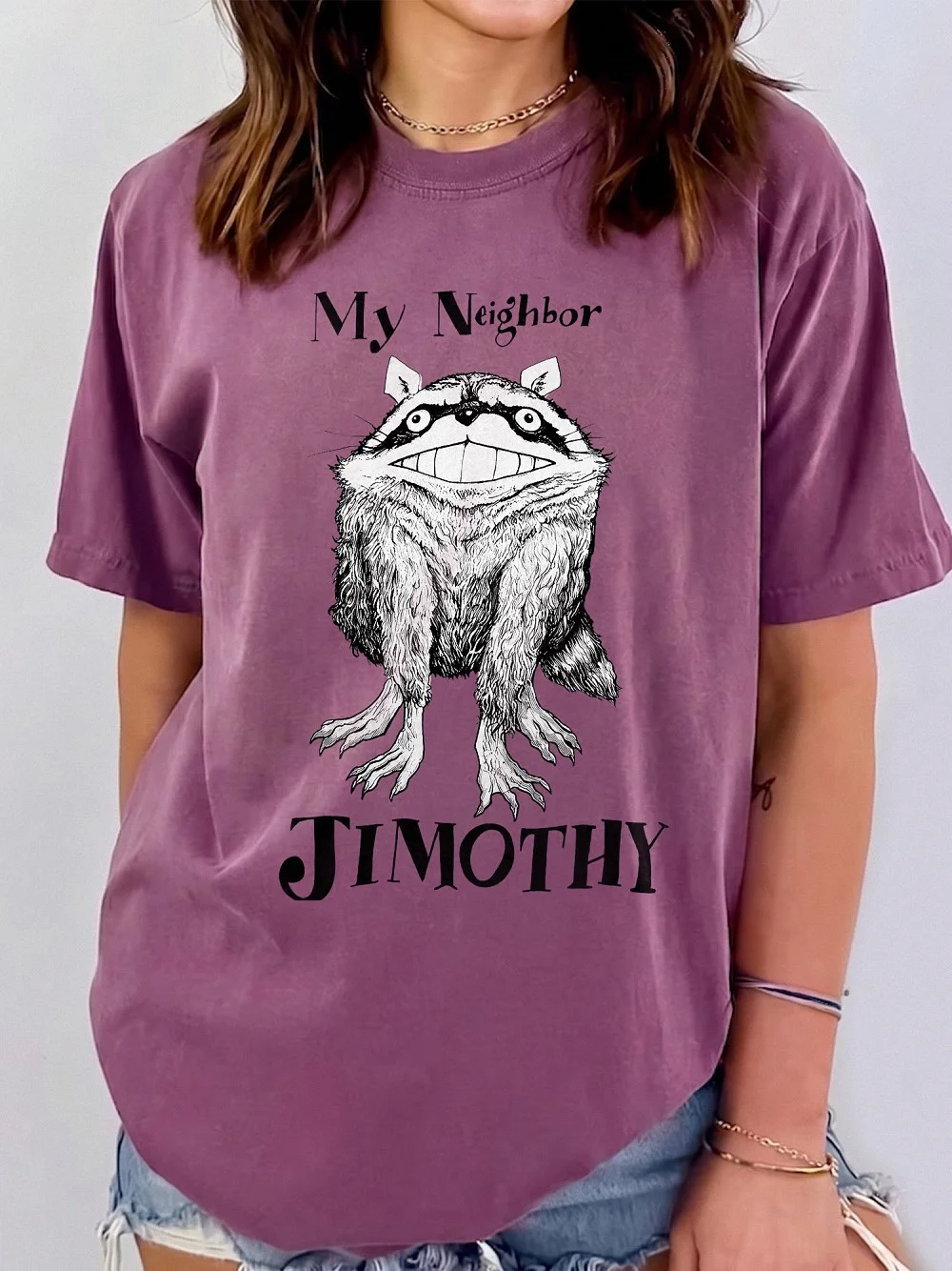 My Neighbor Jimothy Raccoon Meme Graphic Tee Funny Totoro Parody Anime Shirt Creepy Cute Animal T-Shirt