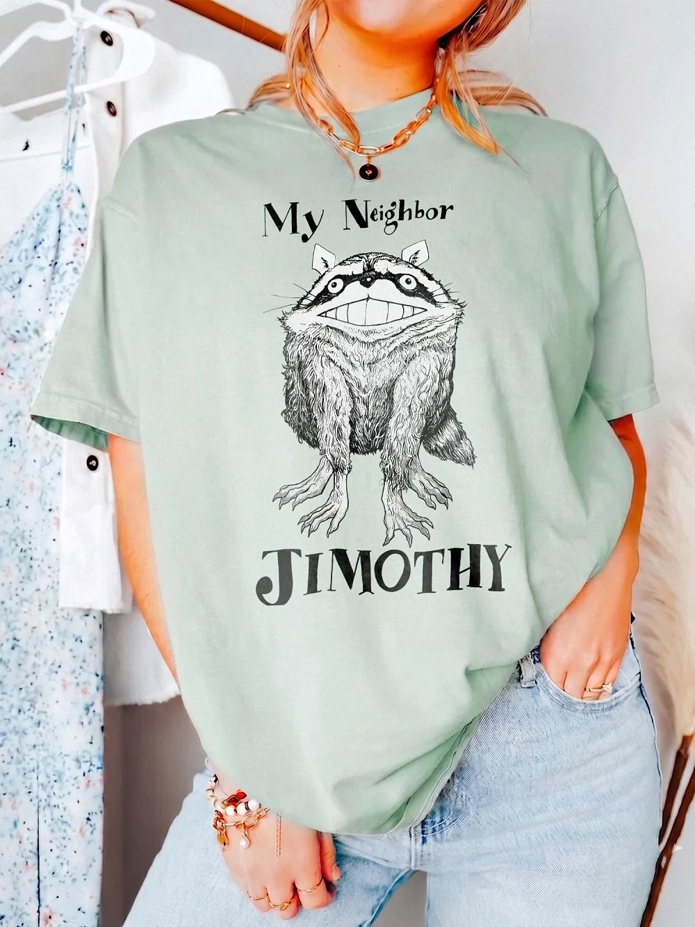My Neighbor Jimothy Raccoon Meme Graphic Tee Funny Totoro Parody Anime Shirt Creepy Cute Animal T-Shirt