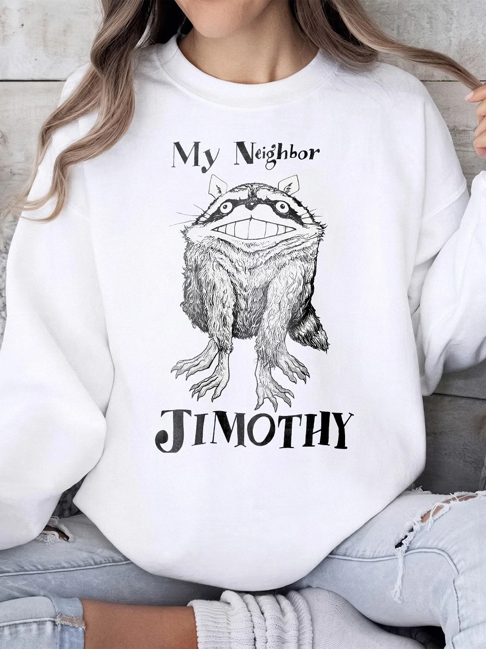 My Neighbor Jimothy Raccoon Meme Graphic Tee Funny Totoro Parody Anime Shirt Creepy Cute Animal T-Shirt