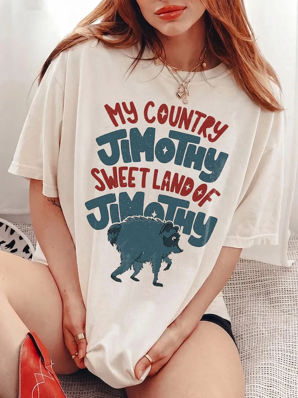 My Country Jimothy Sweet Land Of Jimothy Retro Graphic Tee Funny Raccoon Meme T-Shirt