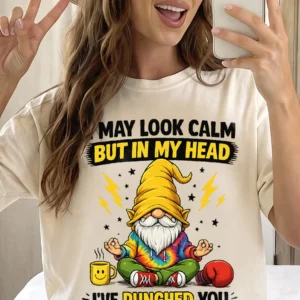 Funny Meditating Gnome May Look Calm But In My Head Graphic Tee Sarcastic Introvert Humor Shirt